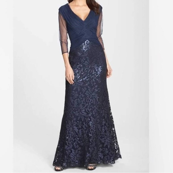 NEW Tadashi Shoji Paillette Embroidered Sequin Lace V Neck Prom Dress Gown Navy - Picture 3 of 12